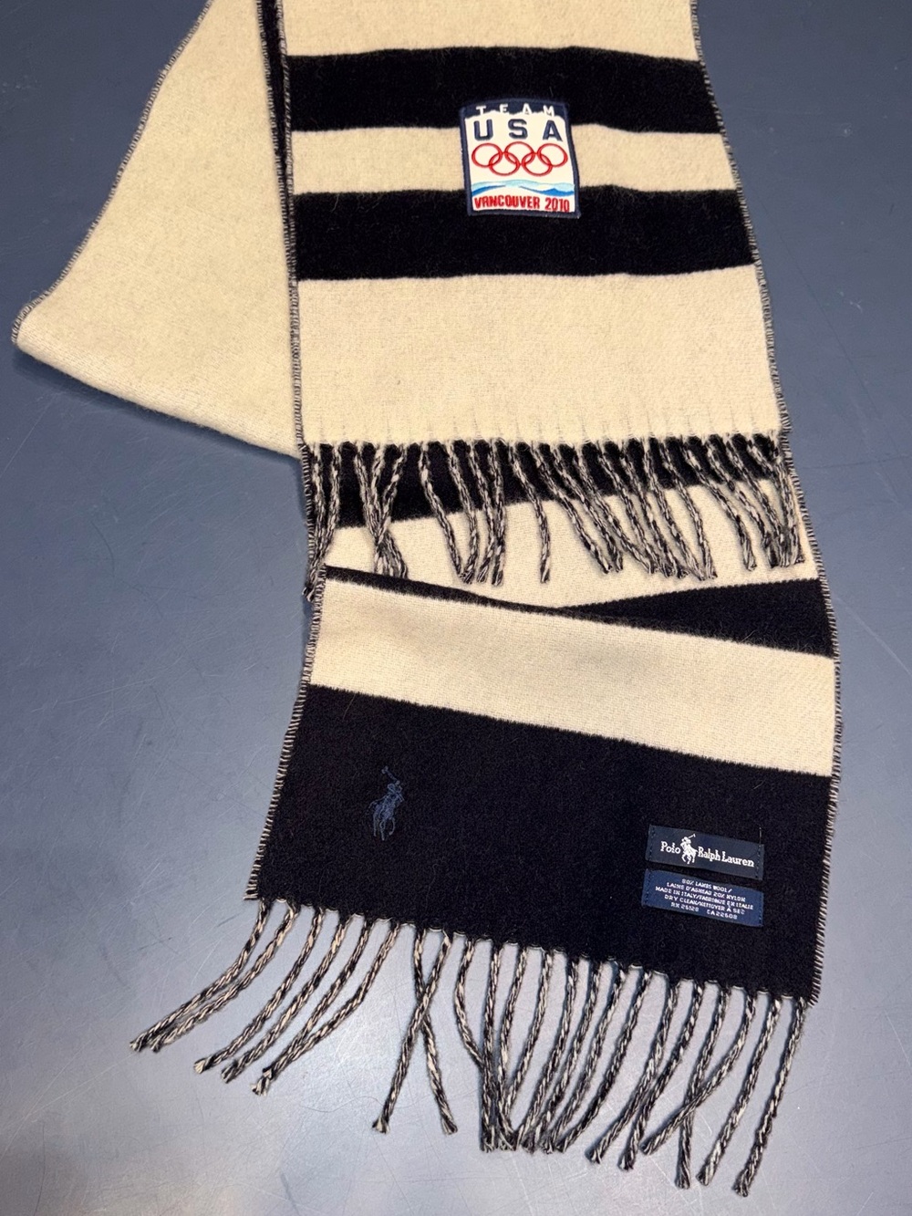 2010 Winter Olympics Polo Ralph Lauren Navy & Cream Striped Wool Scarf